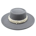Detailed close-up of dark grey wool felt flat top hat featuring white faux pearl band - M (56-58cm) / Gray