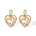 Detailed shot of gold heart earrings with multi-colored crystals and hollow design - Gold