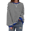 Women's black and white striped long sleeve top with blue ribbed crew neck and cuffs - S / Black and White