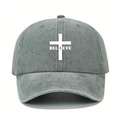 Dettaglio della stampa a croce BELIEVE e cuciture su cappellino da baseball in cotone grigio - Taglia unica / Grigio