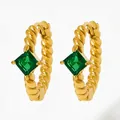 Gold twisted rope hoop earrings featuring square green emerald cubic zirconia - Gold Green Gemstone (KDE713)