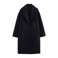 Detail view of navy blue wool coat featuring a classic lapel and two-button closure - XS / Navy Blue