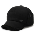 Gorra de béisbol de invierno negra para hombre con orejeras y forro polar de lana cálida - Ajustable / Negro Con Pelo Negro