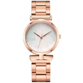 Women's rose gold quartz watch with palm leaf dial and metal link bracelet - Blue Watch Only