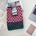 Chic knitted tote bag with colorful heart jacquard patterns and a soft woven texture - Three Color Hearts Grey Green