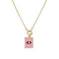 Gold evil eye necklace featuring pink enamel rectangle pendant with sparkling crystals - Pink