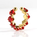 Macro detail of gold-plated ear cuff with pavé red square-cut cubic zirconia stones - Adjustable Open / Red Zirconia