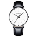 Fashionable GENEVA men's watch with white dial, silver case and black leather strap - White Dial Black Case Black Leather Strap