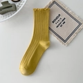 Japanese style yellow cotton crew socks with frilly lettuce edges for women - One Size / Yellow
