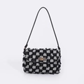 Black and white checkered denim crossbody bag with fringe texture and gold twist lock - Shoulder Bag with Twist Lock / Black Plaid