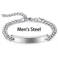 Polished silver stainless steel identity bar bracelet with curb chain for men - Men - Steel Color (7mm Width)