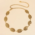 Vintage gold metal waist chain with embossed oval plates for women's dresses - Sun Relief Style / Antique Gold (19382)