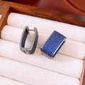 Vintage silver rectangle hoop earrings with dark blue pavé-set cubic zirconia crystals - Rectangle / Ear Buckle / Dark Blue