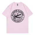 Close-up of vintage black logo printed on pink round neck short sleeve cotton T-shirt - Pink 317