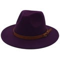 Dark purple wide brim wool fedora with brown leather strap and gold buckle accent - Purple