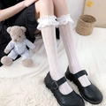 White Lolita lace trim knee high socks with heart pattern jacquard and double ruffles - White Heart