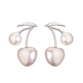 Detail view of elegant copper cherry stud earrings with pink shell pearls and silver leaves - Platinum White Cherry