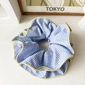 Oversized blue and white plaid scrunchie with yellow stitching in balletcore style - Oversized Blue Plaid