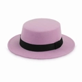 Elegant light purple wool flat top boater hat with black ribbon band for autumn and winter - Pink With Ribbon