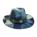 Western patchwork denim fedora hat with turquoise stone and floral embroidery detail - One Size / Royal Blue