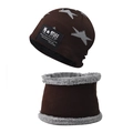 Detail of warm winter knit hat and scarf set with thick gray fleece lining and star pattern - Star Set Coffee