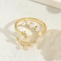 Golden moon and star open ring with white pearls and sparkling cubic zirconia stones - Star Moon Style
