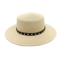 Chapeau de paille beige à dessus plat avec ruban noir et rivets argentés chic - M (56-58cm) / Poche zippée