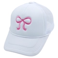 Close-up of pink bow embroidery on a white mesh trucker hat for women - Adult(56-60cm) / All White