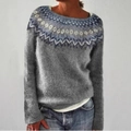 Detail of grey crewneck knit sweater featuring Nordic Fair Isle patterns on shoulders - 3XL / Tops / Grey (9201#)