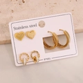 Close-up of gold stainless steel earring set with heart, hoop, and Roman numeral designs - 3# Heart Roman (3 Pairs Set)