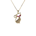 Golden cat pendant necklace with red gemstone eyes and diamonds on white background - Red