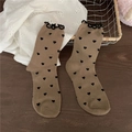 Brown mid-calf socks with black heart pattern and ruffled lace trim for women - One Size / Brown