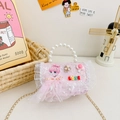 Pink glitter princess handbag with pearl handle and lace trim for young girls - Pink Girl/Bear