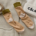Chaussettes rayées vert olive et orange en coton pour femme avec design tricoté - Taille unique / Carreaux Jaune