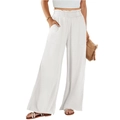 Dettaglio dei pantaloni larghi in lino bianco a vita alta elastica con tasche laterali - Taglia S / Bianco