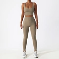 Ensemble de yoga kaki pour femmes avec brassière et legging taille haute à poches - 10/M / Pantalon à Double Épaule Brun Sable