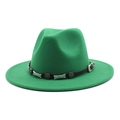 Detail of emerald green wool fedora hat featuring a black leather band and silver star buckle - Grass Green