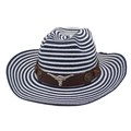 Close-up of blue and white striped straw cowboy hat with a silver bull head metal logo - One Size / Navy White With Wind Rope [Brown Cow Head]