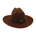 British style wide brim fedora in brown wool with turquoise leather band detailing - One Size (Wide Brim) / Coffee Bound Edge (Treasure Flower Leather Belt)