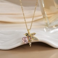 Gold plated hummingbird necklace with multicolor pavé crystals and pink round drop pendant - FN0134 Multi-gem Pink Main Stone Hummingbird