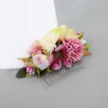 Bohemian floral hair comb with pink and champagne roses on a silver metal base - FS07-2 Purple