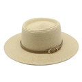 Vista dettagliata della trama fine in paglia e cinturino in pelle marrone con fibbia oro - M (56-58cm) / Beige 02