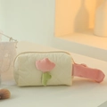 Beauty case in velluto a coste beige con ricamo a tulipano e manico laterale - Wristlet / Beige