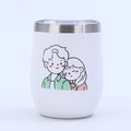 Close-up of a white 12oz stainless steel egg cup with a cute cartoon couple illustration - Style 9 / 12oz