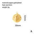 Macro detail of sun and moon pendant in gold plated copper with size specifications - P00119-Style A (Sun Moon Face)
