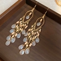 Bohemian dangle earrings with apricot pink beads and grey waterdrop charms on wood - Earrings-Champagne