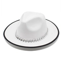 Classic white wool fedora hat with black trim and silver Cuban chain decoration - M(56-58cm) / White