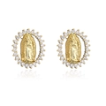 18K gold plated religious stud earrings with Guadalupe relief and zircon halo - Gold-White Zirconia