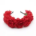 Floral headband featuring vibrant red silk roses on a black base for bridal hair styling - Red
