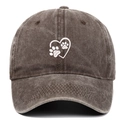Detail of white heart dog paw embroidery on washed cotton charcoal baseball cap - Adjustable / Coffee